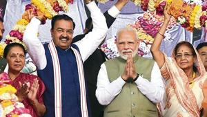 Prime Minister Narendra Modi, along with UP deputy CM Keshav Prasad Maurya (second from left) and other ministers, at Samajik Adhikarita Shivir in Prayagraj on Saturday.(ANI) Prime Minister Narendra Modi, along with UP deputy CM Keshav Prasad Maurya (second from left) and other ministers, at Samajik Adhikarita Shivir in Prayagraj on Saturday.(ANI)