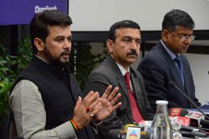 Minister of state for finance and corporate affairs Anurag Thakur addressing mediapersons at CII’s northern region headquarters in Sector 31, Chandigarh, on Sunday.(HT PHOTO) Minister of state for finance and corporate affairs Anurag Thakur addressing mediapersons at CII’s northern region headquarters in Sector 31, Chandigarh, on Sunday.(HT PHOTO)