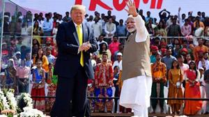 Prime Minister Narendra Modi and US President Donald Trump wave the crowd, as they arrive for the ‘Namaste Trump’ event at Motera Stadium in Ahmedabad on Monday.(ANI photo) Prime Minister Narendra Modi and US President Donald Trump wave the crowd, as they arrive for the ‘Namaste Trump’ event at Motera Stadium in Ahmedabad on Monday.(ANI photo)