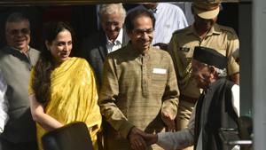 CM Uddhav Thackeray and wife Rashmi wait to for their car as the King of the Kingdom of Sweden Carl XVI Gustaf and Queen Silvia leaves Raj Bhavan in Mumbai.(Kunal Patil/HT Photo) CM Uddhav Thackeray and wife Rashmi wait to for their car as the King of the Kingdom of Sweden Carl XVI Gustaf and Queen Silvia leaves Raj Bhavan in Mumbai.(Kunal Patil/HT Photo)