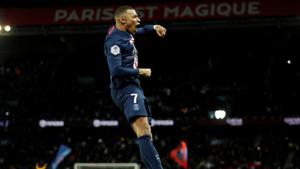 Paris St Germain's Kylian Mbappe celebrates scoring their fourth goal.(REUTERS) Paris St Germain's Kylian Mbappe celebrates scoring their fourth goal.(REUTERS)