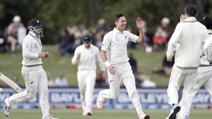 New Zealand's Trent Boult celebrates after dismissing India's Cheteshwar Pujara(AP) New Zealand's Trent Boult celebrates after dismissing India's Cheteshwar Pujara(AP)
