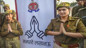Women police personnel during an inauguration of 'Namaste Lucknow' programme for morning and evening walkers, in Lucknow.(PTI) Women police personnel during an inauguration of 'Namaste Lucknow' programme for morning and evening walkers, in Lucknow.(PTI)