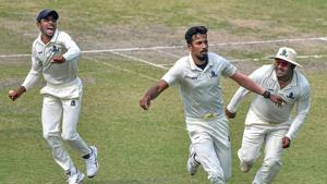 Kolkata: Bengal bowler Ishan Porel celebrates with his teammates after the dismissal of Karnataka opener KL Rahul (unseen) during the 3rd day of Ranji Trophy semi-final match, at Eden Gardens in Kolkata, Monday, March 2, 2020.(PTI) Kolkata: Bengal bowler Ishan Porel celebrates with his teammates after the dismissal of Karnataka opener KL Rahul (unseen) during the 3rd day of Ranji Trophy semi-final match, at Eden Gardens in Kolkata, Monday, March 2, 2020.(PTI)
