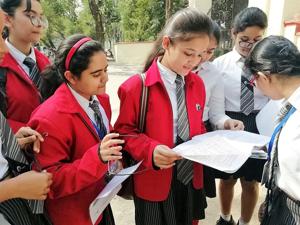 Students of GD Goenka Public School, Lucknow discussing their paper after the examination on Tuesday(Sourced) Students of GD Goenka Public School, Lucknow discussing their paper after the examination on Tuesday(Sourced)