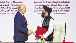 Perhaps not in their wildest dreams had the American leadership over the past two decades expected this photo-op, where US Special Representative for Afghanistan, ambassador Zalmay Khalilzad, sat at the same table, in front of the world, and shook hands with the Taliban, agreeing to a gradual withdrawal of US troops and their allies.(REUTERS) Perhaps not in their wildest dreams had the American leadership over the past two decades expected this photo-op, where US Special Representative for Afghanistan, ambassador Zalmay Khalilzad, sat at the same table, in front of the world, and shook hands with the Taliban, agreeing to a gradual withdrawal of US troops and their allies.(REUTERS)