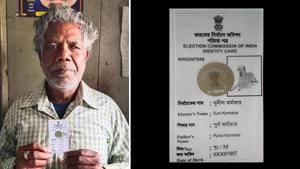 North Bengal resident Sunil Karmakar with his voter ID card that carries a dog’s photo.(HT Photo) North Bengal resident Sunil Karmakar with his voter ID card that carries a dog’s photo.(HT Photo)