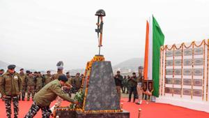 CRPF personnel pay tribute at a memorial to the 40 CRPF jawans, who were killed in the Pulwama terror attack in February last year, at Letapora of Pulwama District of South Kashmir.(PTI) CRPF personnel pay tribute at a memorial to the 40 CRPF jawans, who were killed in the Pulwama terror attack in February last year, at Letapora of Pulwama District of South Kashmir.(PTI)