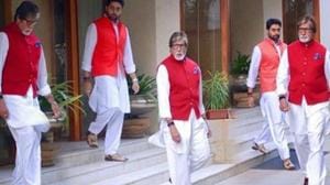 Amitabh Bachchan, son Abhishek Bachchan were spotted twinning in red and white.(Instagram) Amitabh Bachchan, son Abhishek Bachchan were spotted twinning in red and white.(Instagram)