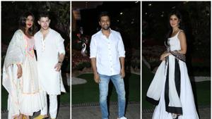 Priyanka Chopra with Nick Jonas, Vicky Kaushal, and Katrina Kaif at Isha Ambani’s Holi bash.(Varinder Chawla) Priyanka Chopra with Nick Jonas, Vicky Kaushal, and Katrina Kaif at Isha Ambani’s Holi bash.(Varinder Chawla)