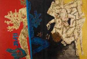 Husain’s 1972 work ‘Battle of Ganga and Jamuna: Mahabharata 12’ is a diptych, which depicts the battle between the two rivers. Husain’s 1972 work ‘Battle of Ganga and Jamuna: Mahabharata 12’ is a diptych, which depicts the battle between the two rivers.