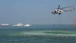 For the exercise, a message was received regarding an aircraft having dived into the water with 220 passengers onboard. The exercise commenced on receipt of a distress message.(HT PHOTO.) For the exercise, a message was received regarding an aircraft having dived into the water with 220 passengers onboard. The exercise commenced on receipt of a distress message.(HT PHOTO.)