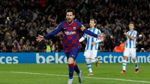 Barcelona's Lionel Messi celebrates scoring their first goal(REUTERS) Barcelona's Lionel Messi celebrates scoring their first goal(REUTERS)