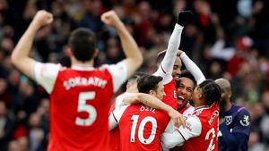 Arsenal's Alexandre Lacazette celebrates scoring their first goal with teammates(REUTERS) Arsenal's Alexandre Lacazette celebrates scoring their first goal with teammates(REUTERS)