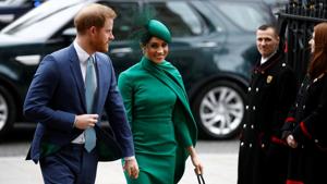 Britain's Prince Harry and Meghan, Duchess of Sussex, arrive for the annual Commonwealth Service at Westminster Abbey in London, Britain March 9, 2020.(REUTERS) Britain's Prince Harry and Meghan, Duchess of Sussex, arrive for the annual Commonwealth Service at Westminster Abbey in London, Britain March 9, 2020.(REUTERS)