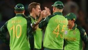 South Africa's Anrich Nortje celebrates taking the wicket of Australia's Steven Smith with teammates.(REUTERS) South Africa's Anrich Nortje celebrates taking the wicket of Australia's Steven Smith with teammates.(REUTERS)