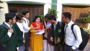 Students of St Teresa’s College, Aashiana discussing ISC Maths paper after their exam in Lucknow on Wednesday.(Handout) Students of St Teresa’s College, Aashiana discussing ISC Maths paper after their exam in Lucknow on Wednesday.(Handout)