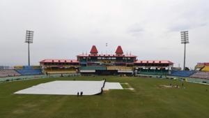 Ground staff cover the pitch ahead of tomorrow's first one day international (ODI) cricket match of a three match series between India and South Africa, at the Himachal Pradesh Cricket Association Stadium in Dharamsala on March 11, 2020.(AFP) Ground staff cover the pitch ahead of tomorrow's first one day international (ODI) cricket match of a three match series between India and South Africa, at the Himachal Pradesh Cricket Association Stadium in Dharamsala on March 11, 2020.(AFP)