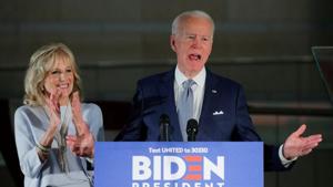 Democratic U.S. presidential candidate and former Vice President Joe Biden speaks as his wife Jill listens during a primary night speech at The National Constitution Center in Philadelphia, Pennsylvania, U.S., March 10, 2020.(REUTERS) Democratic U.S. presidential candidate and former Vice President Joe Biden speaks as his wife Jill listens during a primary night speech at The National Constitution Center in Philadelphia, Pennsylvania, U.S., March 10, 2020.(REUTERS)