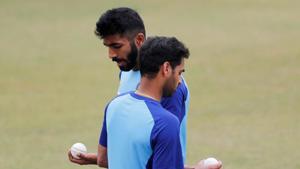 India's Bhuvneshwar Kumar and Jasprit Bumrah during nets(REUTERS) India's Bhuvneshwar Kumar and Jasprit Bumrah during nets(REUTERS)