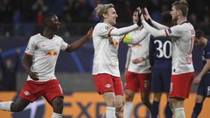 Leipzig's Emil Forsberg, center, celebrates after scoring a goal.(AP) Leipzig's Emil Forsberg, center, celebrates after scoring a goal.(AP)