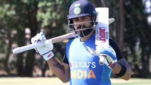 Virat Kohli gearing up during a practice session.(ANI) Virat Kohli gearing up during a practice session.(ANI)