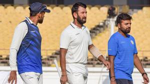 Saurashtra batsman Cheteshwar Pujara during Ranji Trophy final match(PTI) Saurashtra batsman Cheteshwar Pujara during Ranji Trophy final match(PTI)