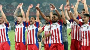 Kolkata : ATK players celebrate after sealing a place in final.(PTI) Kolkata : ATK players celebrate after sealing a place in final.(PTI)