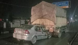 The ill-fated car of the groom after it crashed into a truck near Jalandhar bypass in Ludhiana on Thursday.(HT PHOTO) The ill-fated car of the groom after it crashed into a truck near Jalandhar bypass in Ludhiana on Thursday.(HT PHOTO)
