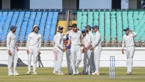 Rajkot: Saurashtra bowler Chirag Jani celebrates a wicket in Ranji trophy final(PTI) Rajkot: Saurashtra bowler Chirag Jani celebrates a wicket in Ranji trophy final(PTI)