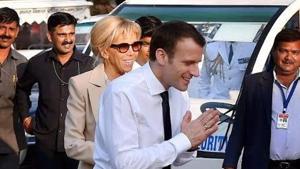 President Emmanuel Macron of France greeting people with Namaste.(Twitter/Emmanuel Lenain) President Emmanuel Macron of France greeting people with Namaste.(Twitter/Emmanuel Lenain)