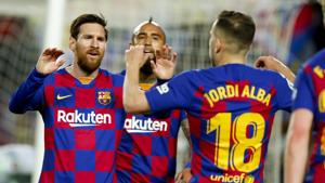 Barcelona's Jordi Alba, right, celebrates with Barcelona's Lionel Messi.(AP) Barcelona's Jordi Alba, right, celebrates with Barcelona's Lionel Messi.(AP)