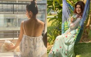 Malaika Arora with her dog and Twinkle Khanna in her garden amid coronavirus lockdown. Malaika Arora with her dog and Twinkle Khanna in her garden amid coronavirus lockdown.