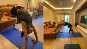 Rakul Preet Singh practising yoga at her home. Rakul Preet Singh practising yoga at her home.