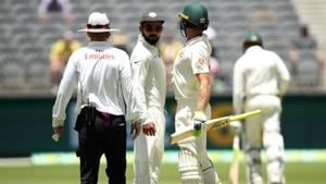Virat Kohli of India and Tim Paine of Australia bump into each other during day four of the second match in the Test series between Australia and India at Perth Stadium on December 17, 2018 in Perth, Australia. (Photo by Cameron Spencer/Getty Images)(Getty Images) Virat Kohli of India and Tim Paine of Australia bump into each other during day four of the second match in the Test series between Australia and India at Perth Stadium on December 17, 2018 in Perth, Australia. (Photo by Cameron Spencer/Getty Images)(Getty Images)