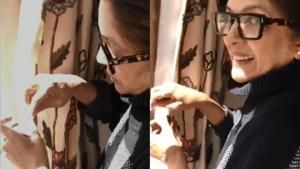 Neena Gupta sewing curtain belts. Neena Gupta sewing curtain belts.