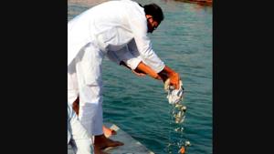 A person performing ashes immersion at Ganga in Haridwar.(HT photo) A person performing ashes immersion at Ganga in Haridwar.(HT photo)