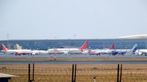 Aeroplanes at Chhatrapati Shivaji Maharaj International Airport in Mumbai after all flights were cancelled during the lockdown announced against the coronavirus pandemic.(ANI) Aeroplanes at Chhatrapati Shivaji Maharaj International Airport in Mumbai after all flights were cancelled during the lockdown announced against the coronavirus pandemic.(ANI)