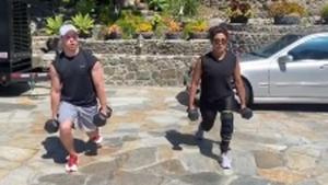 Priyanka Chopra, Nick Jonas do squats with weights. Priyanka Chopra, Nick Jonas do squats with weights.