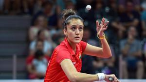 India's Manika Batra severs during a match(PTI) India's Manika Batra severs during a match(PTI)
