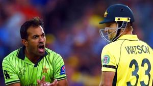 Wahab Riaz reacts after bowling to Shane Watson during the 2015 Cricket World Cup quarter-final match between Australia and Pakistan in Adelaide.(AFP) Wahab Riaz reacts after bowling to Shane Watson during the 2015 Cricket World Cup quarter-final match between Australia and Pakistan in Adelaide.(AFP)