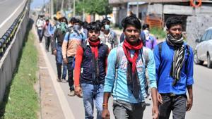 Migrant labourers heading to their native villages in MP from Chandigarh amid the curfew.(Ravi Kumar/HT) Migrant labourers heading to their native villages in MP from Chandigarh amid the curfew.(Ravi Kumar/HT)