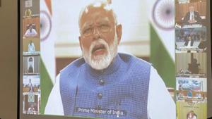 Prime Minister Narendra Modi on Thursday interacted with chief ministers through a video conference from his residence.(ANI PHOTO.) Prime Minister Narendra Modi on Thursday interacted with chief ministers through a video conference from his residence.(ANI PHOTO.)