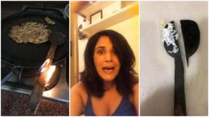 Richa Chadha is having a tough time cooking for herself. Richa Chadha is having a tough time cooking for herself.