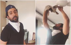Vicky Kaushal cleans his ceiling fan in a new video. Vicky Kaushal cleans his ceiling fan in a new video.