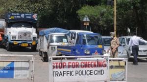 Police have been checking vehicles in Chandigarh since the day the curfew was imposed across the country on March 23.(Keshav Singh/HT)