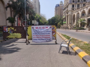 A containment area notice at a road in Hiranandani in Mumbai’s Powai after a resident tested positive for coronavirus.(Aalok Soni/HT PHOTO) A containment area notice at a road in Hiranandani in Mumbai’s Powai after a resident tested positive for coronavirus.(Aalok Soni/HT PHOTO)
