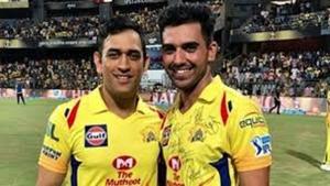 MS Dhoni with CSK teammate Deepak Chahar.(IPL) MS Dhoni with CSK teammate Deepak Chahar.(IPL)