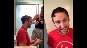 The video shows the husband stressing over and over again that he only needed a little trim.(Facebook/Emily Pendergast)