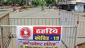A road leading towards Bhopal railway station in Chandbad locality barricaded as containment area after detection of coronavirus positive.(ANI Photo) A road leading towards Bhopal railway station in Chandbad locality barricaded as containment area after detection of coronavirus positive.(ANI Photo)